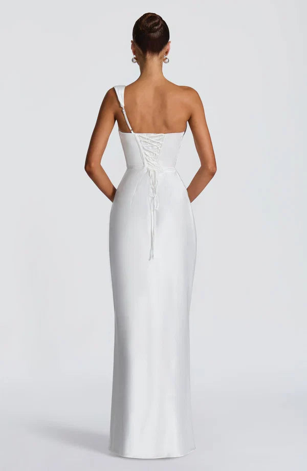Women's Strapless Draped Maxi Dress with Lace-Up Back