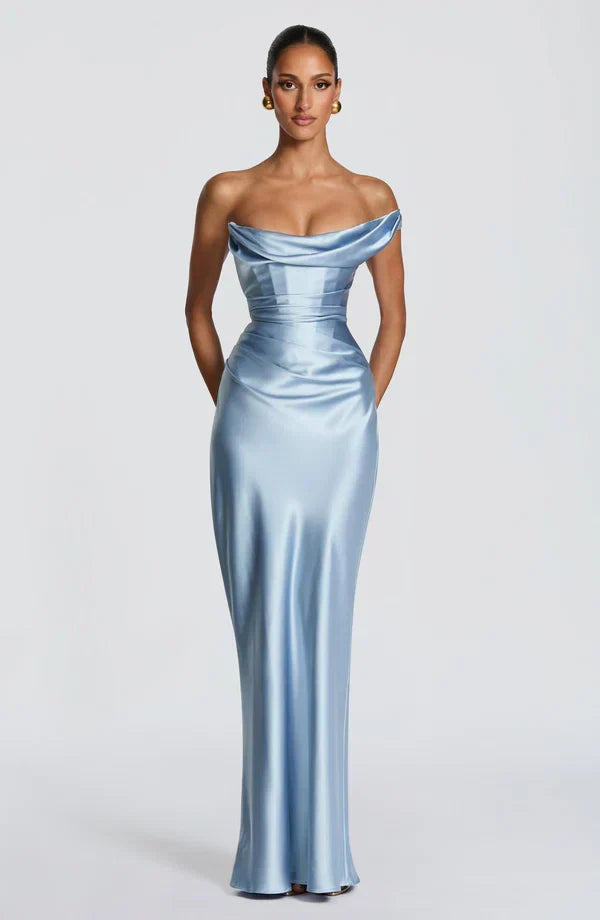 Women's Strapless Draped Maxi Dress with Lace-Up Back