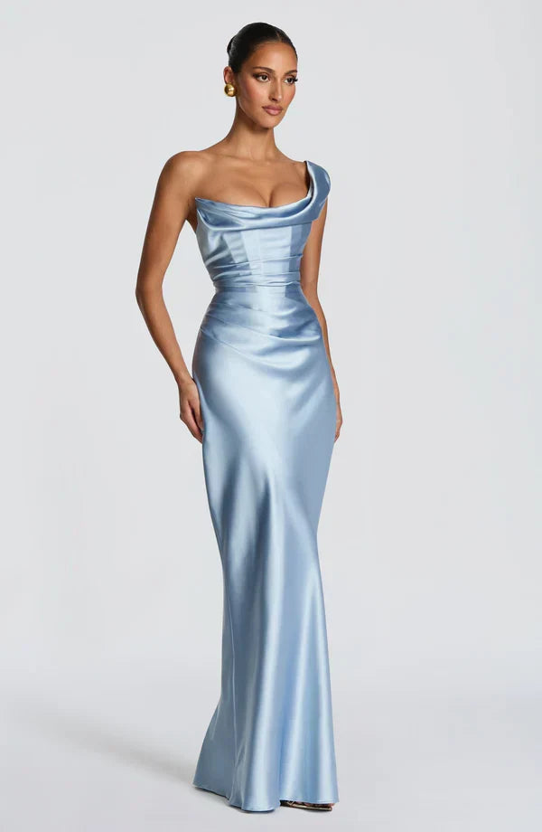 Women's Strapless Draped Maxi Dress with Lace-Up Back