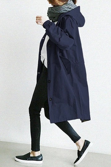 Women's Hooded Trench Coat with Pockets and a Button Front – Navy