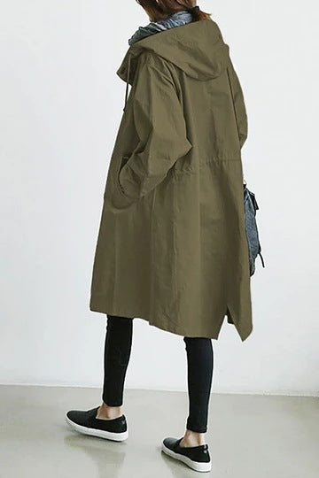 Women's Hooded Trench Coat with Pockets and a Button Front – Green