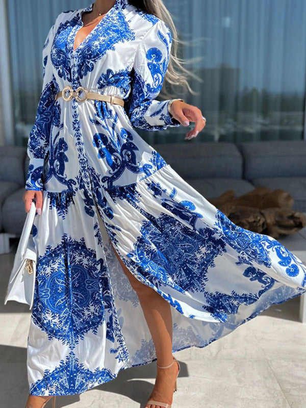 Eden - Vestido largo de mujer con estampado de cachemira, cierre frontal de botones y abertura alta