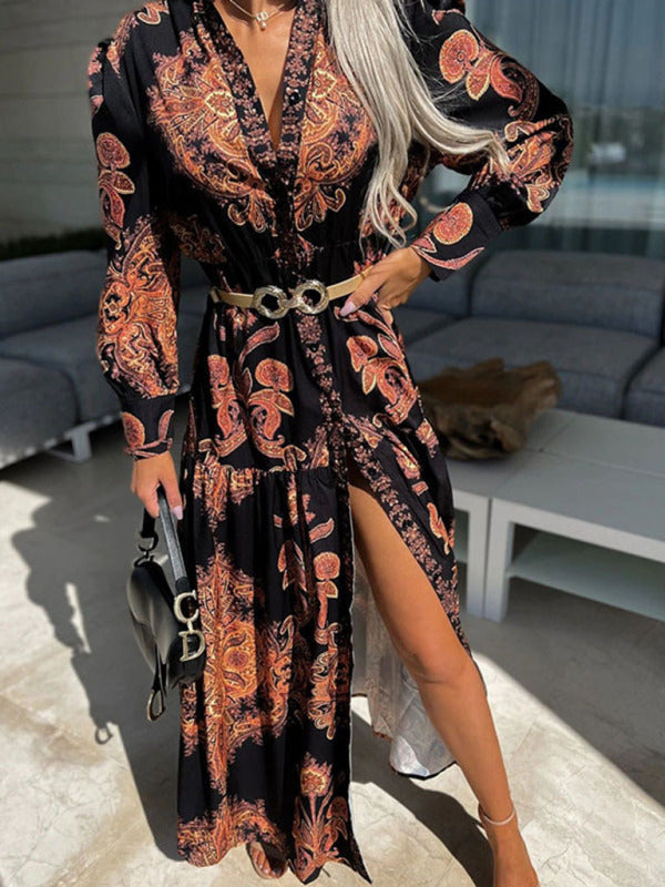 Eden - Vestido largo de mujer con estampado de cachemira, cierre frontal de botones y abertura alta