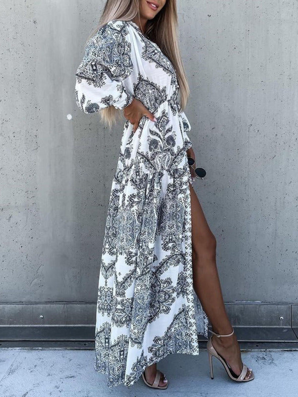 Eden - Vestido largo de mujer con estampado de cachemira, cierre frontal de botones y abertura alta