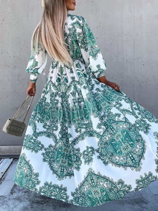 Eden - Vestido largo de mujer con estampado de cachemira, cierre frontal de botones y abertura alta