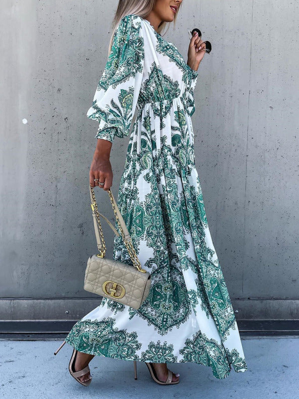 Eden - Vestido largo de mujer con estampado de cachemira, cierre frontal de botones y abertura alta