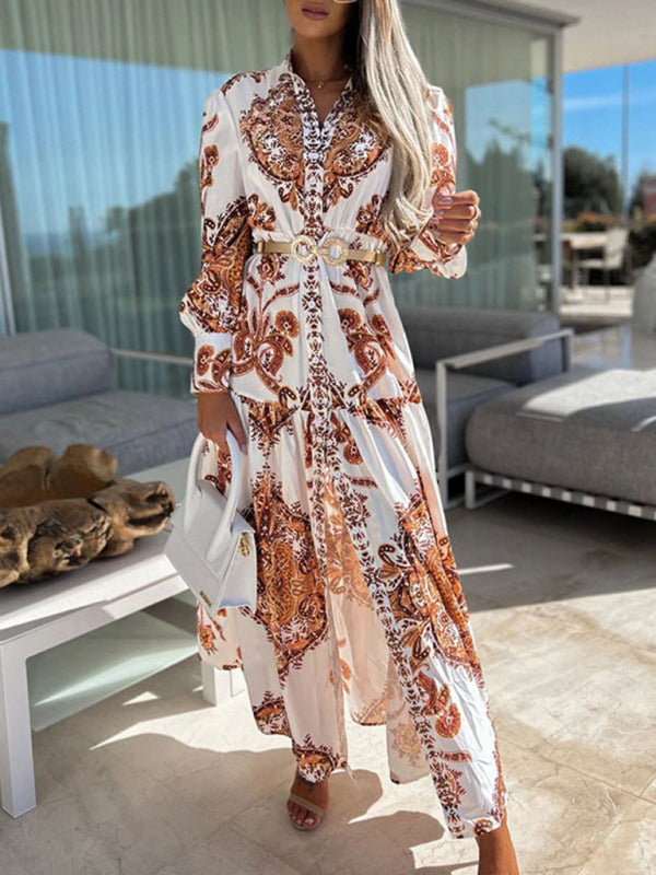 Eden - Vestido largo de mujer con estampado de cachemira, cierre frontal de botones y abertura alta