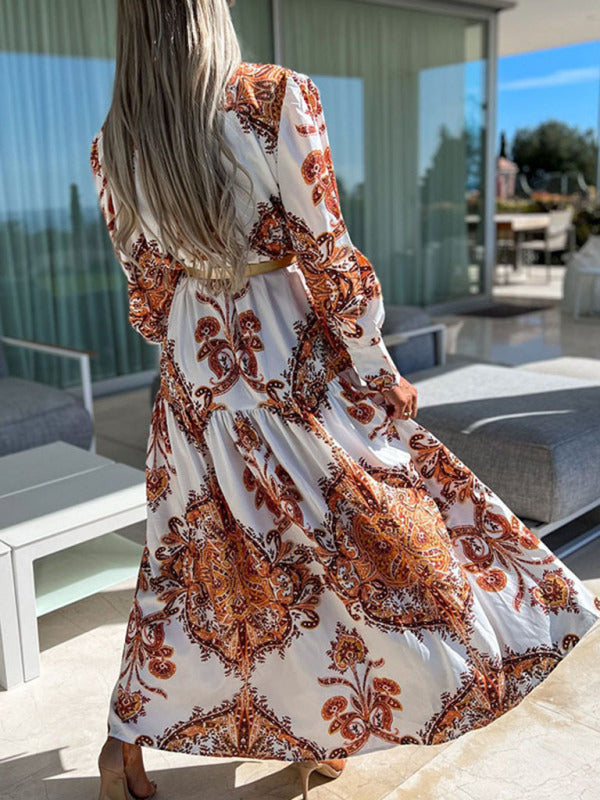 Eden - Vestido largo de mujer con estampado de cachemira, cierre frontal de botones y abertura alta