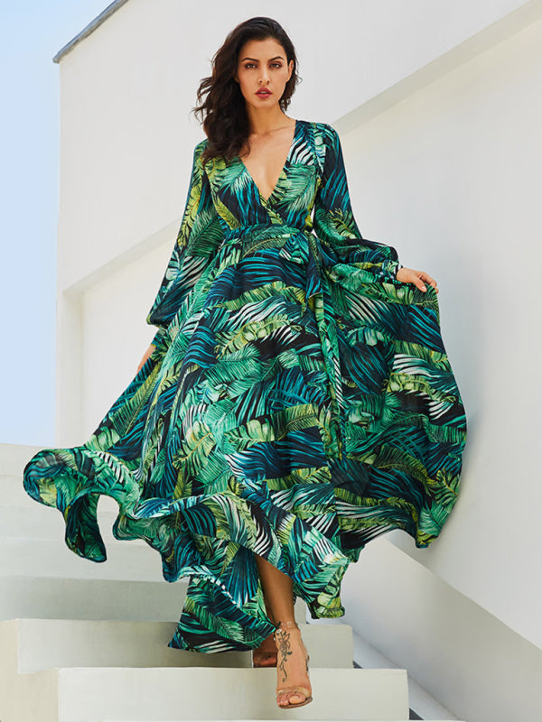 Fay - Robe longue à imprimé feuilles tropicales et manches ballon pour femme