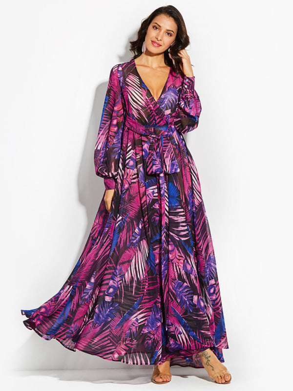 Fay - Robe longue à imprimé feuilles tropicales et manches ballon pour femme