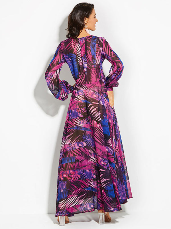 Fay - Robe longue à imprimé feuilles tropicales et manches ballon pour femme