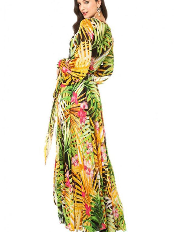 Fay - Robe longue à imprimé feuilles tropicales et manches ballon pour femme