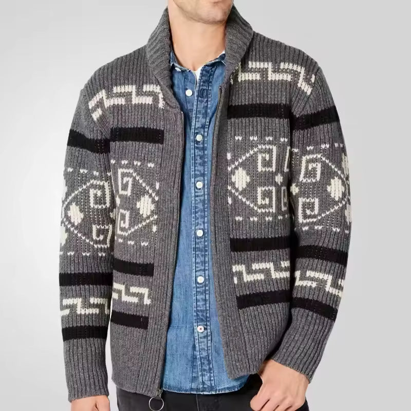 Logan - Cardigan en laine zippé pour homme avec manches à motifs
