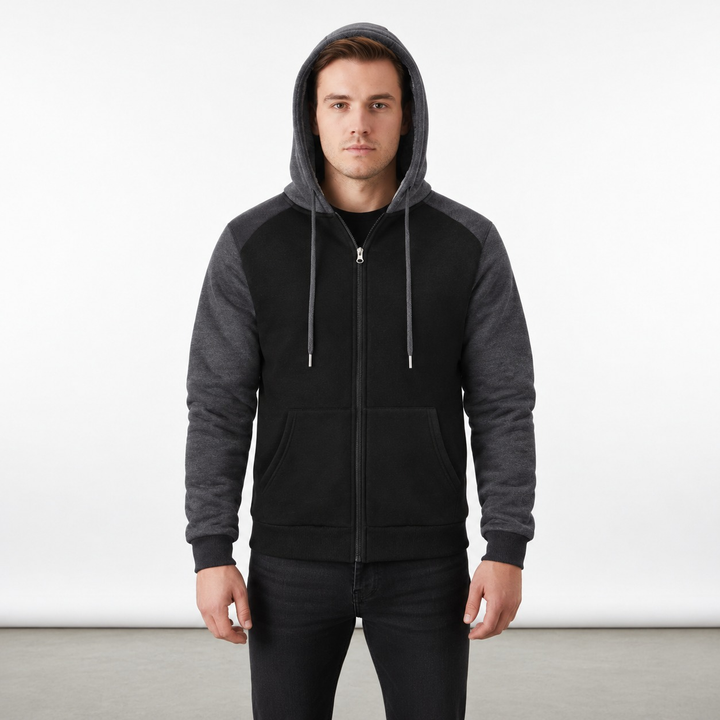 Men's black zip-up hoodie with dark grey sleeves and hood, front view