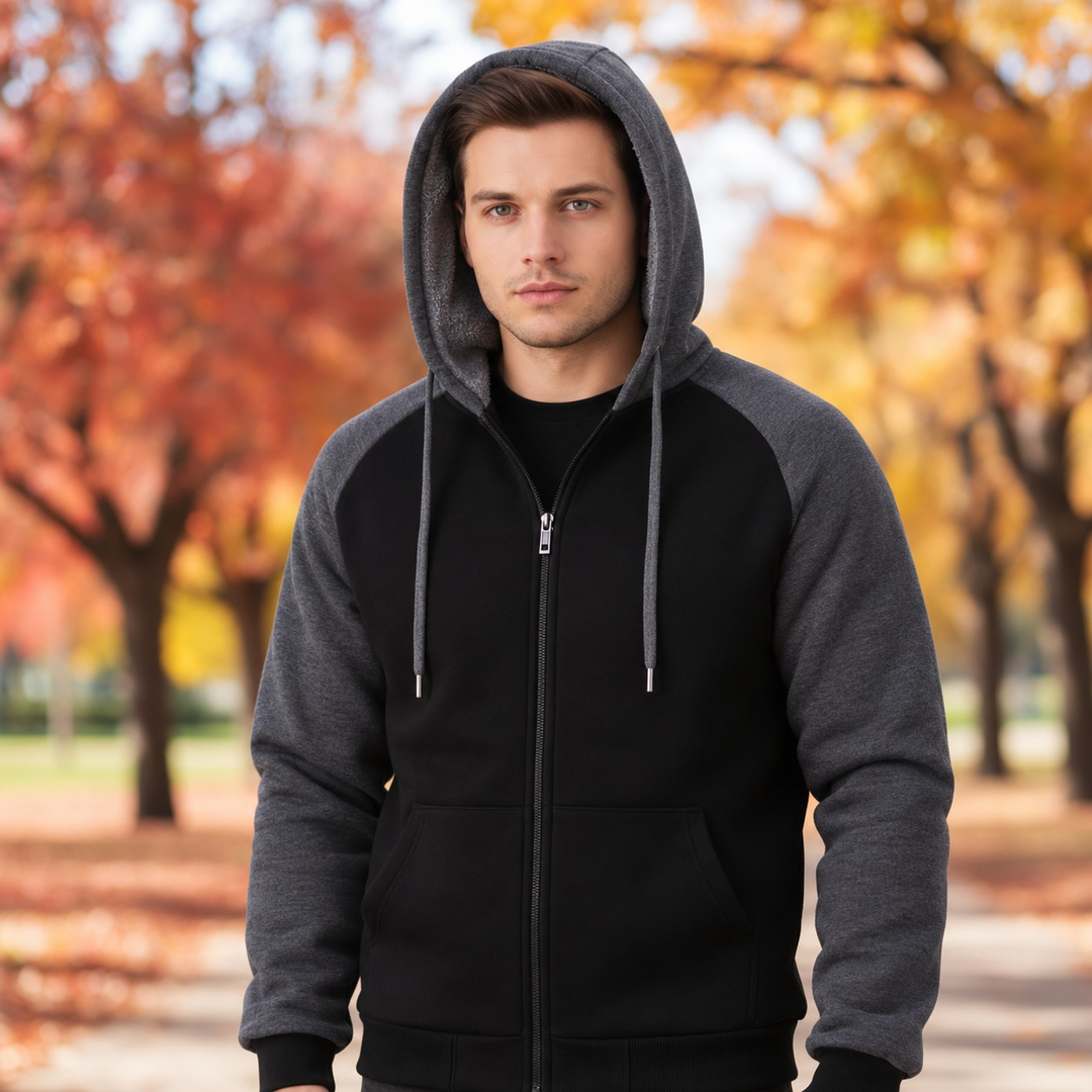 Men's black and dark grey zip-up hoodie, autumn park