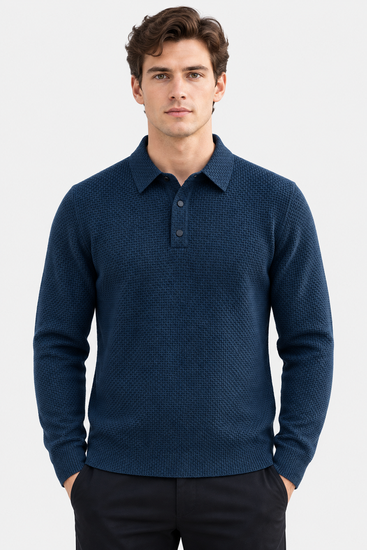 Men's Textured Knit Long Sleeve Polo Shirt - photo 1