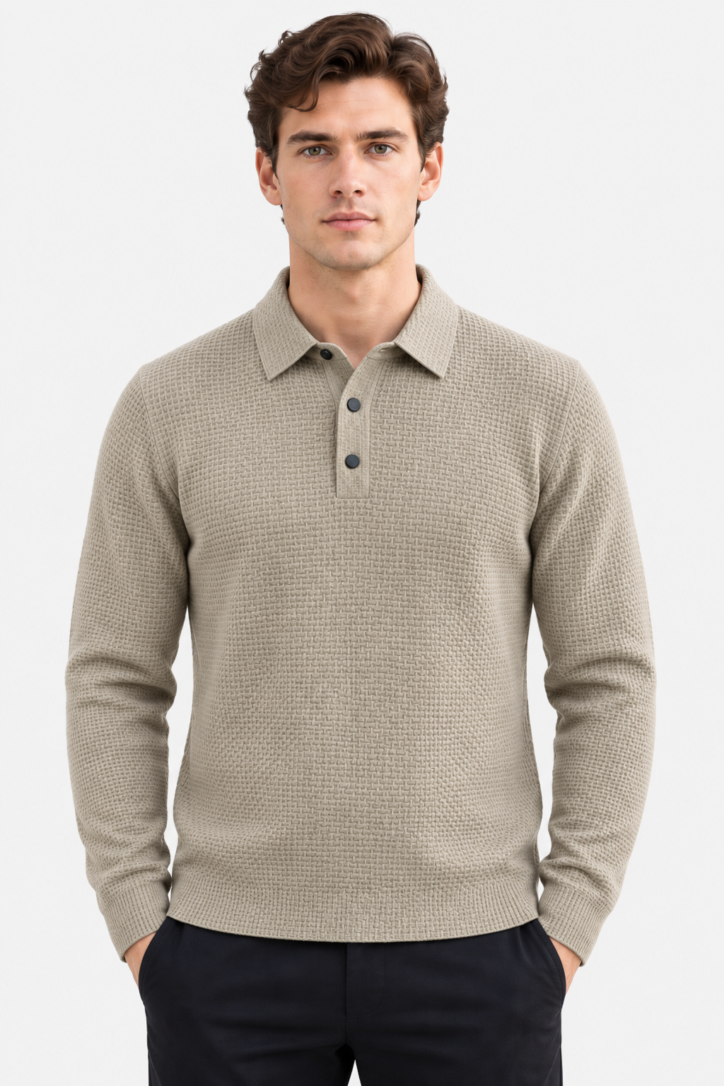 Men's Textured Knit Long Sleeve Polo Shirt - photo 5