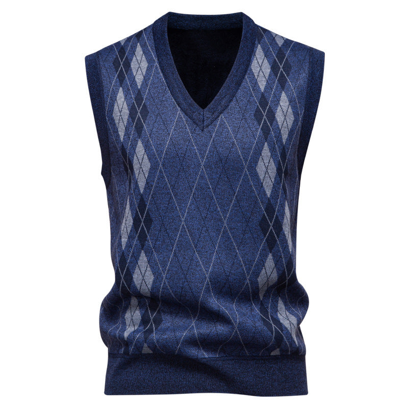Men's Argyle Knitted Sweater Vest with V-Neck - Blue Grey