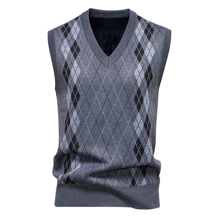 Men's Argyle Knitted Sweater Vest with V-Neck - Mid Grey