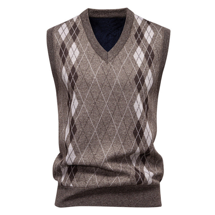 Men's Argyle Knitted Sweater Vest with V-Neck - Coffee Brown