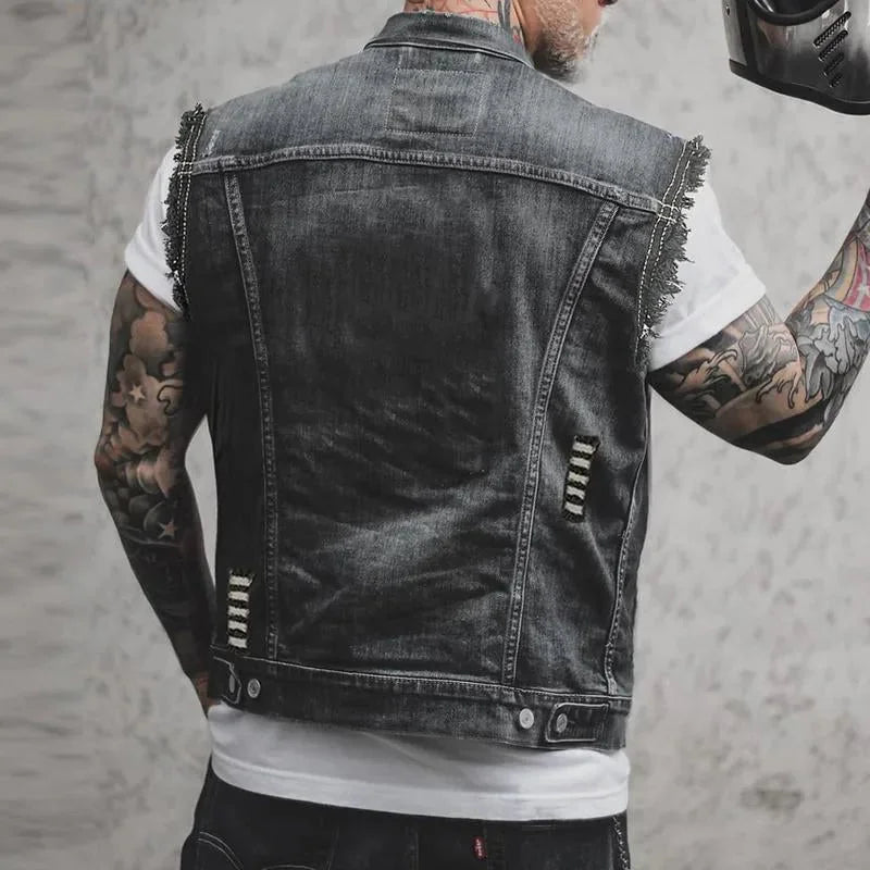 Men's Distressed Denim Vest — Emmett Sleeveless Button-Front