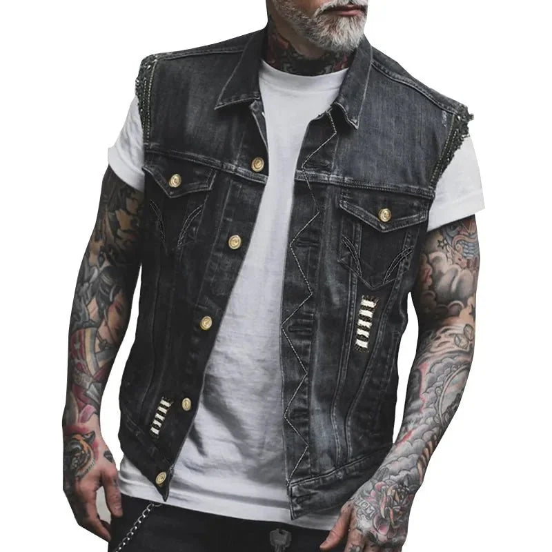 Men's Distressed Denim Vest — Emmett Sleeveless Button-Front