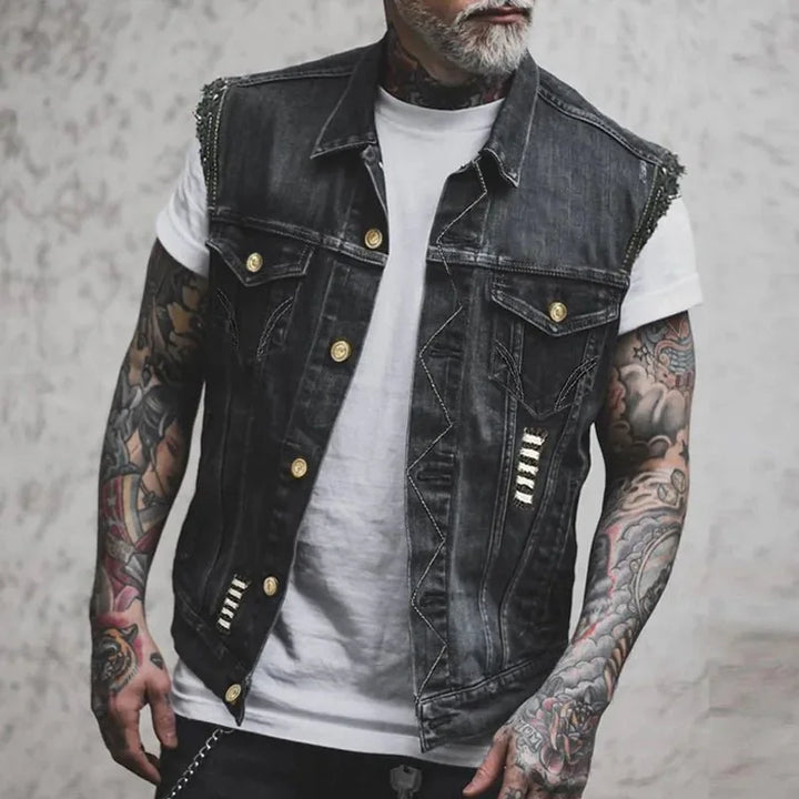 Men's Distressed Denim Vest — Emmett Sleeveless Button-Front