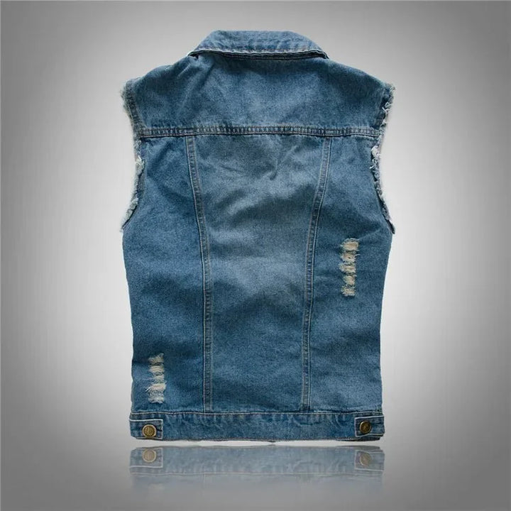 Men's Distressed Denim Vest — Emmett Sleeveless Button-Front