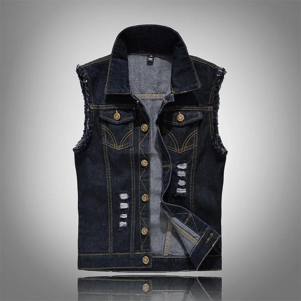 Men's Distressed Denim Vest — Emmett Sleeveless Button-Front