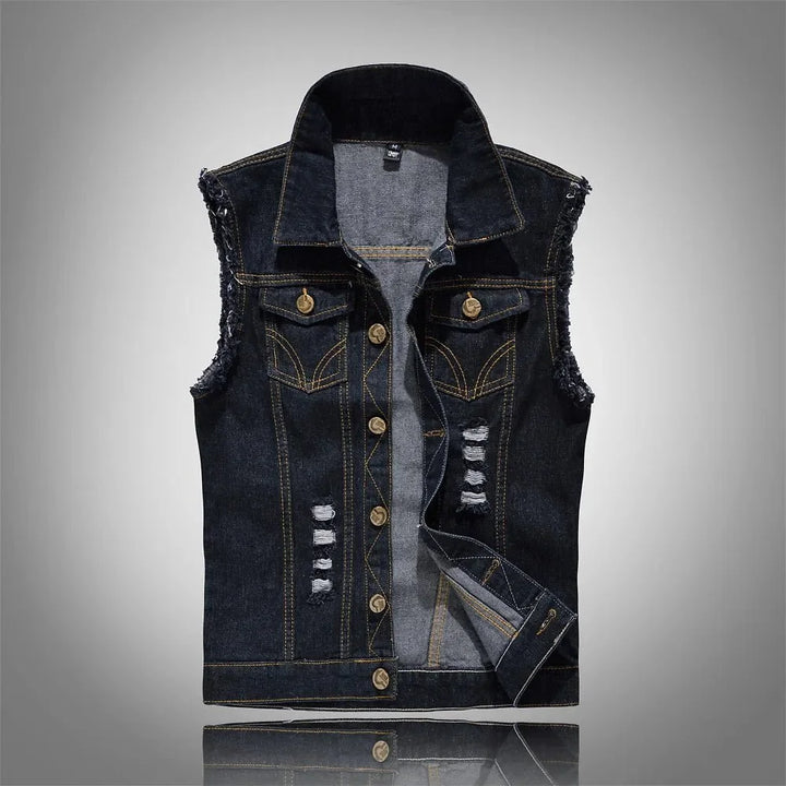 Men's Distressed Denim Vest — Emmett Sleeveless Button-Front