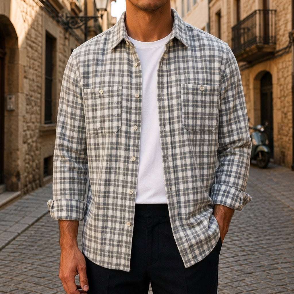 Alan - Camisa de franela de cuadros para hombre con bolsillos en el pecho