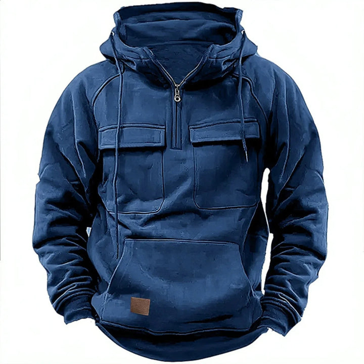 Sweat à capuche pour homme avec demi-zip, poches cargo et capuche à cordon
