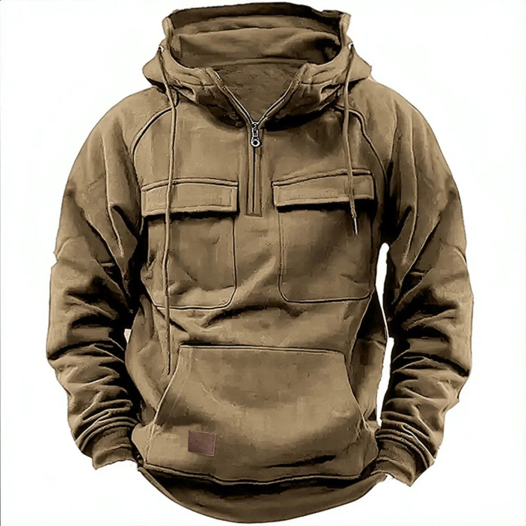 Sweat à capuche pour homme avec demi-zip, poches cargo et capuche à cordon