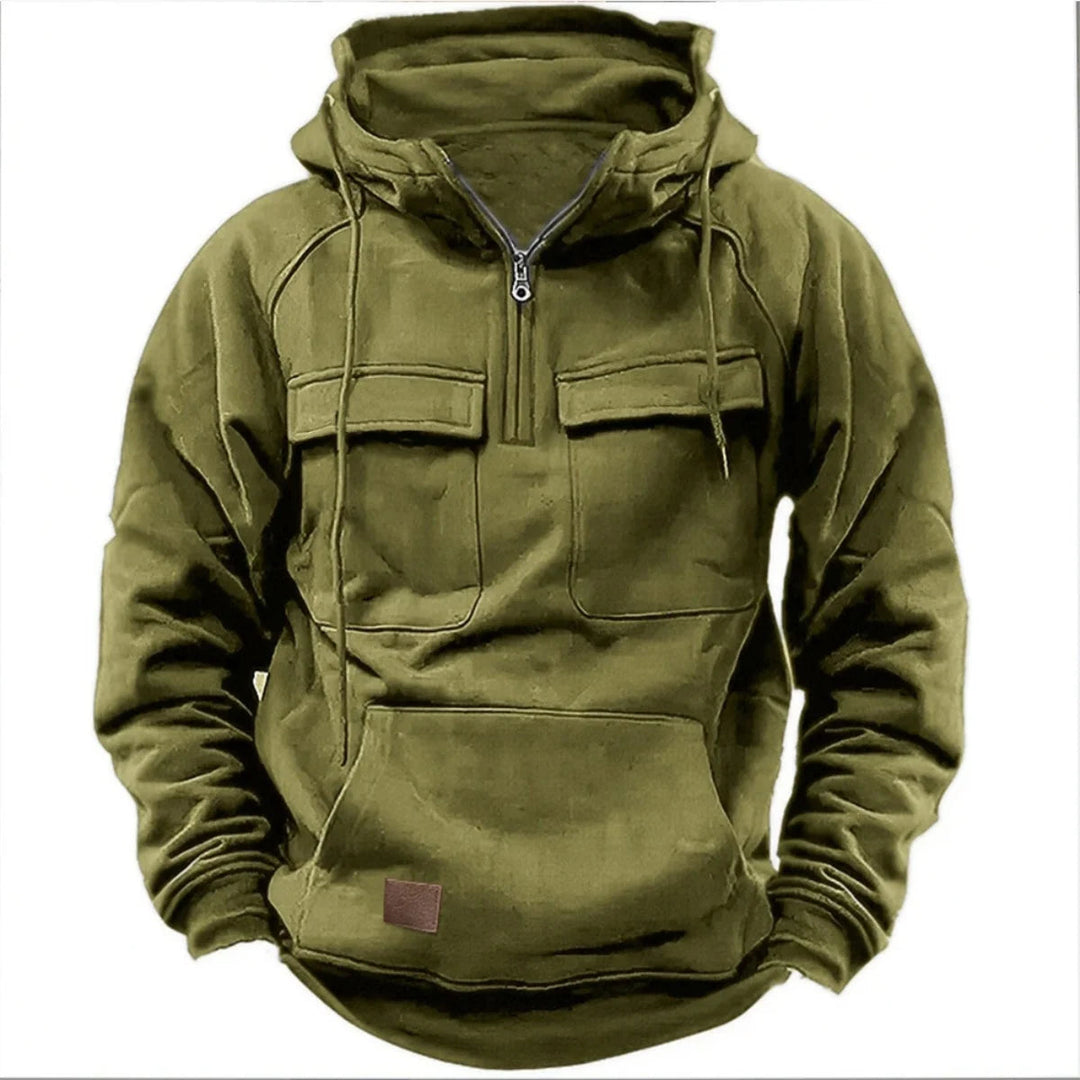 Sweat à capuche pour homme avec demi-zip, poches cargo et capuche à cordon