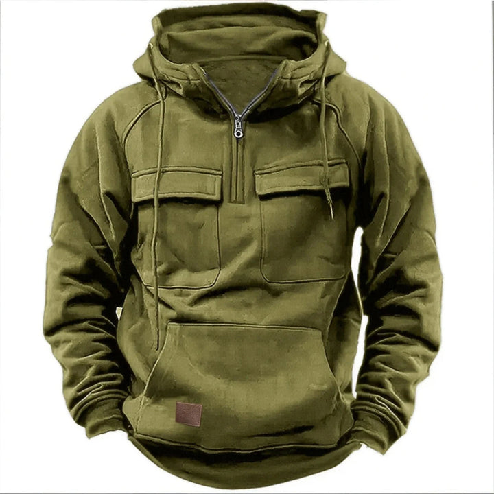 Sweat à capuche pour homme avec demi-zip, poches cargo et capuche à cordon