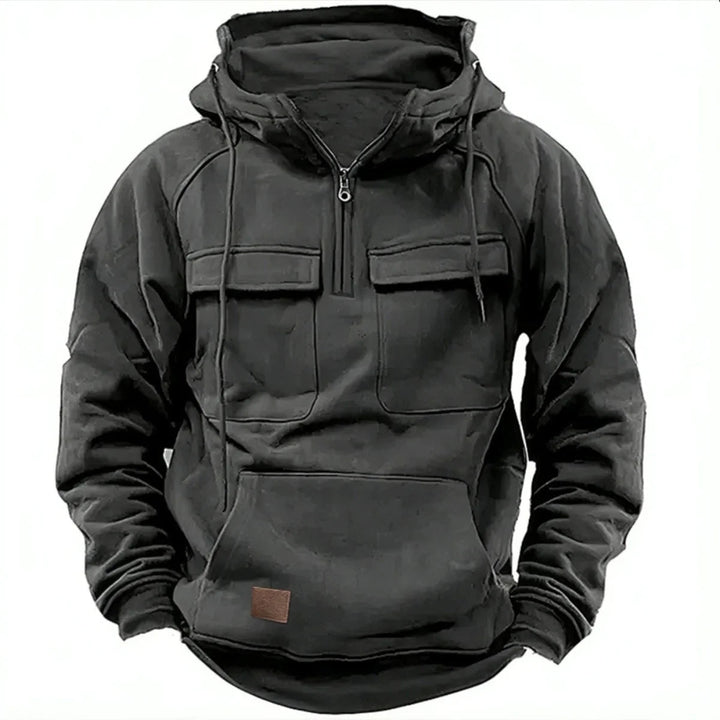 Sweat à capuche pour homme avec demi-zip, poches cargo et capuche à cordon
