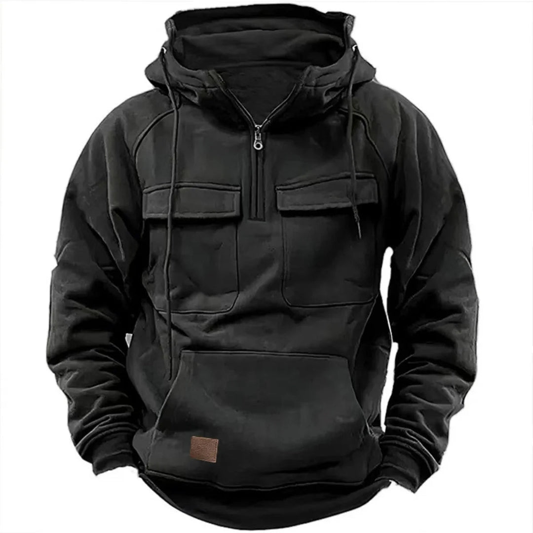 Sweat à capuche pour homme avec demi-zip, poches cargo et capuche à cordon