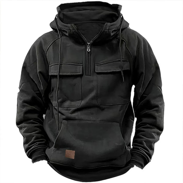 Sweat à capuche pour homme avec demi-zip, poches cargo et capuche à cordon