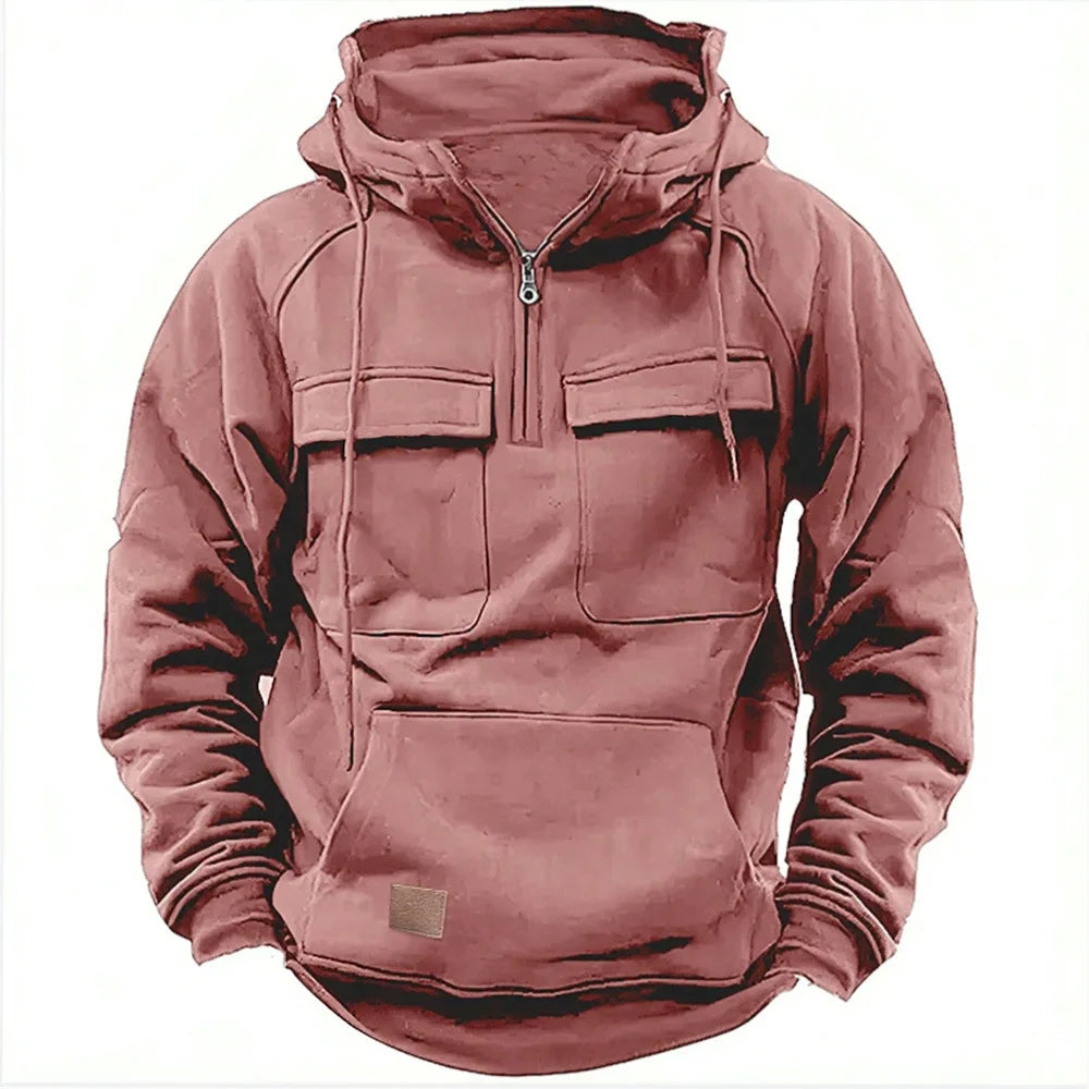 Sweat à capuche pour homme avec demi-zip, poches cargo et capuche à cordon