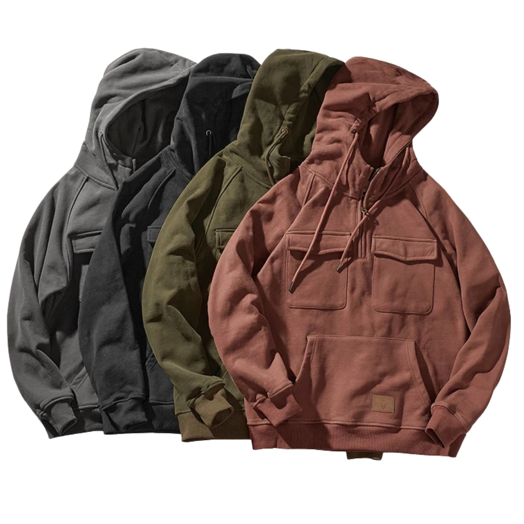 Sweat à capuche pour homme avec demi-zip, poches cargo et capuche à cordon