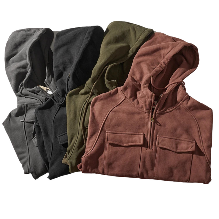 Sweat à capuche pour homme avec demi-zip, poches cargo et capuche à cordon