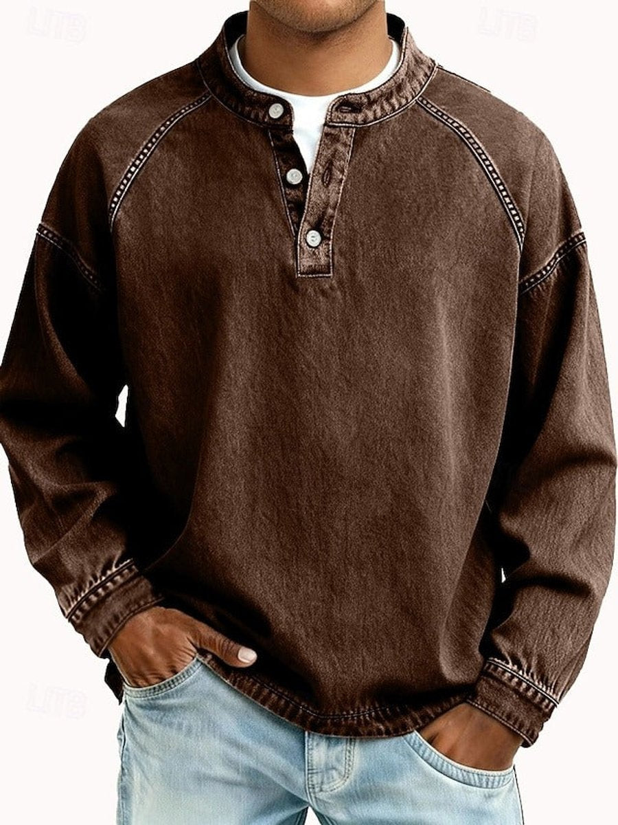 Men's Retro Henley Long-Sleeve Pullover Sweater