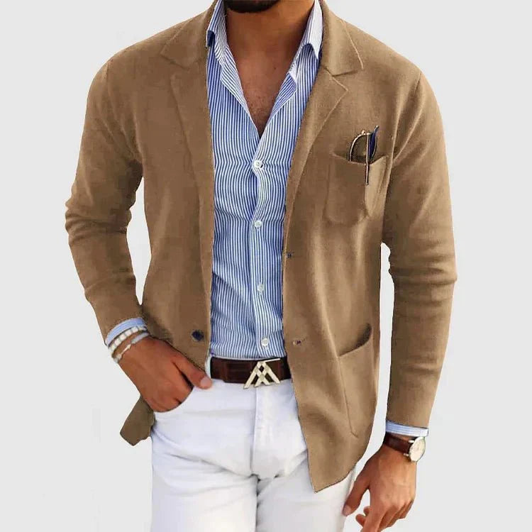 Blazer de punto para hombre con solapa de muesca y bolsillos de parche, corte holgado