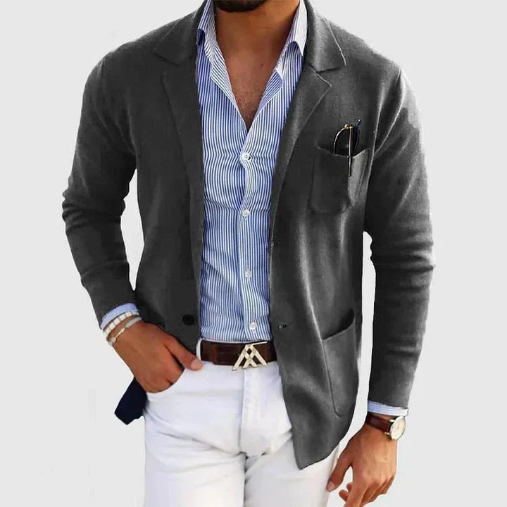 Blazer de punto para hombre con solapa de muesca y bolsillos de parche, corte holgado