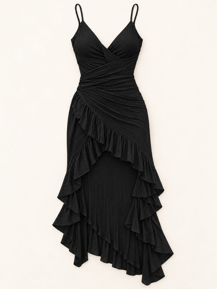 Women's black wrap dress with spaghetti straps and ruffled high-low hem