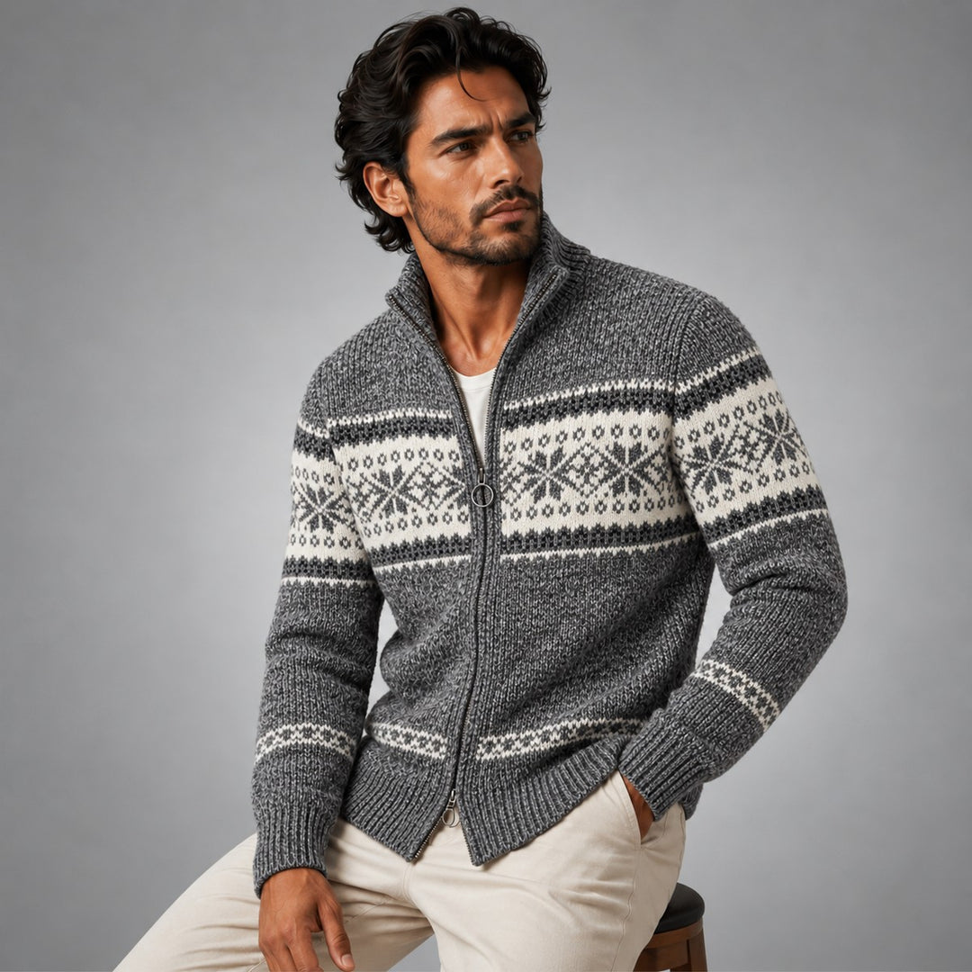 Men's Fleece-Lined Fair Isle Zip Cardigan with Stand Collar - photo 2