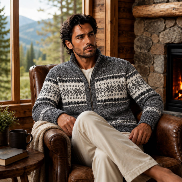 Men's Fleece-Lined Fair Isle Zip Cardigan with Stand Collar - photo 5