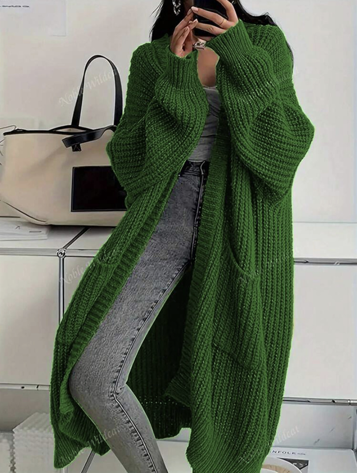 Women's Longline Warm Cardigan in Khaki - Dark Green