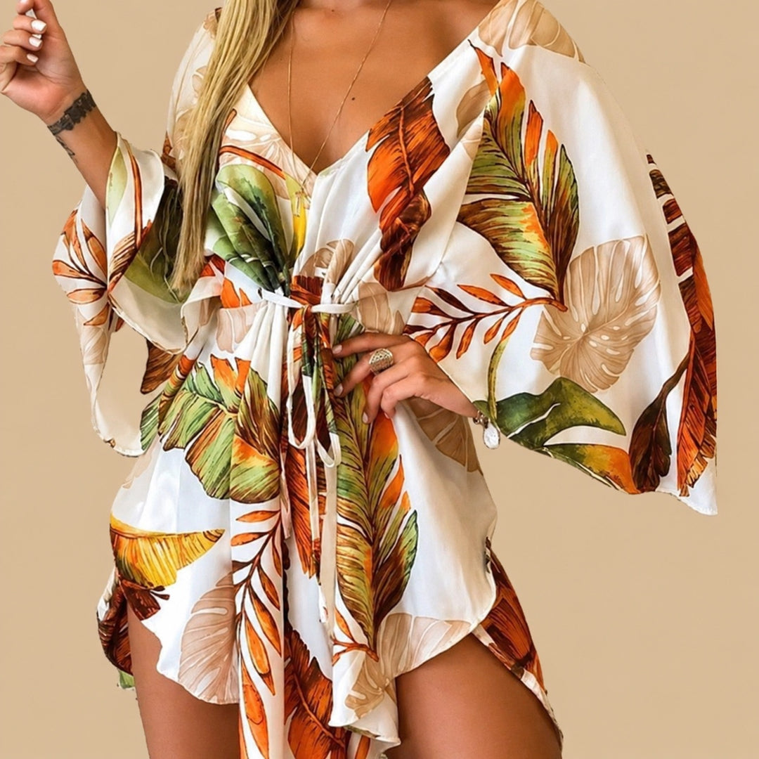 Nola women's boho tie-waist mini dress with bell sleeves in brown