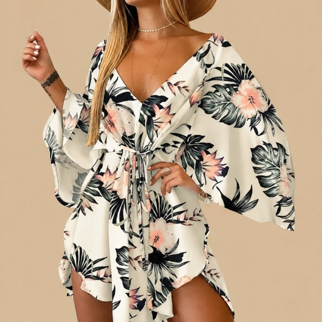 Nola women's boho tie-waist mini dress with bell sleeves in cream